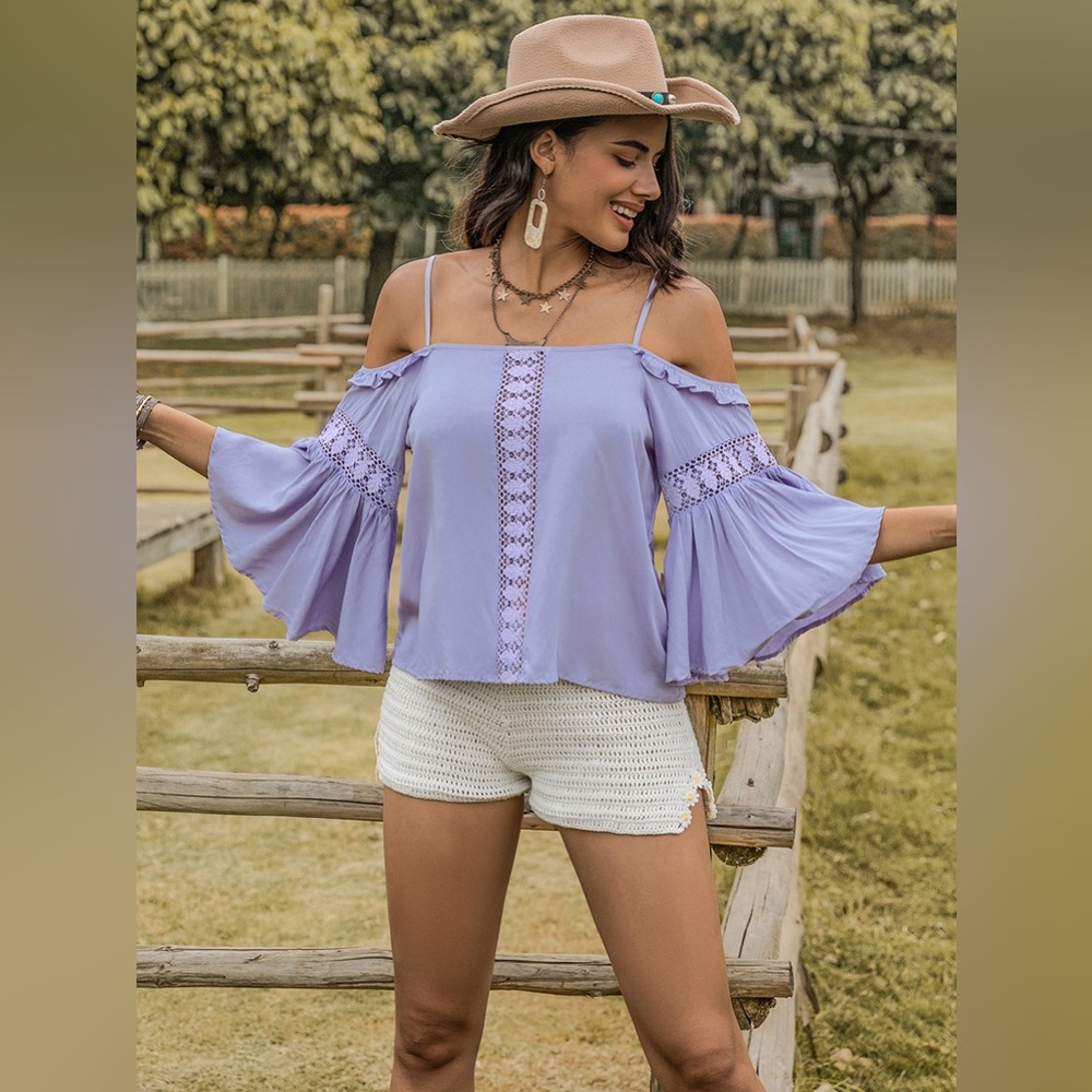 Blue Purple Square Neck Flare Sleeve Blouse